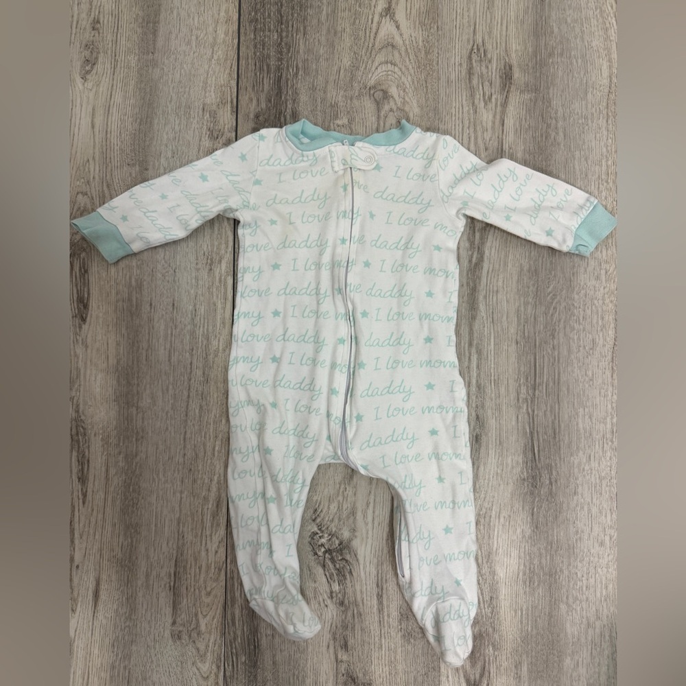 Koala Kids White and Green Footies One Piece I love Daddy and Mommy Print